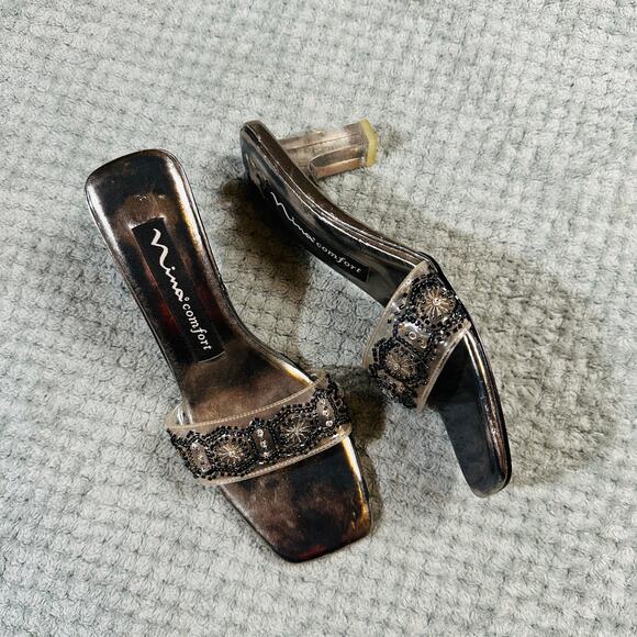 vintage y2k nina comfort silver metallic beaded square toe kitten heel cocktail - Picture 1 of 6